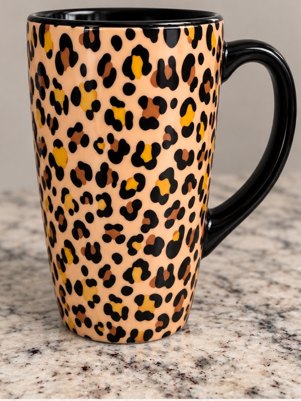Leopard Print Ceramic Coffee Mug - WITH LID Black Handle, Peach & Yellow Pattern